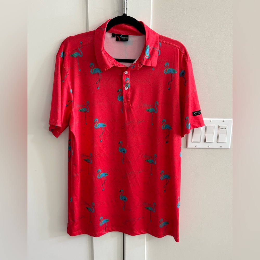 Yatta Red‎ All Over Print Flamingo Golf Polo Shirt Mens Medium Stretch